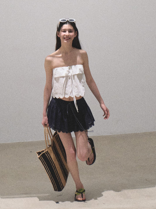 Foldover Cotton Embroidered Crop Tube Top