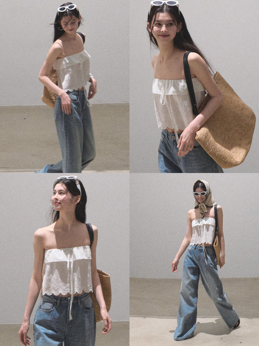 Foldover Cotton Embroidered Crop Tube Top