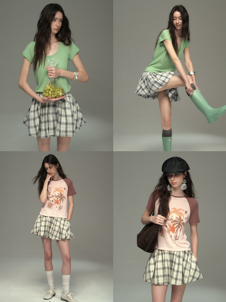 Plaid Seersucker Bubble Skirt With Elastic Waist