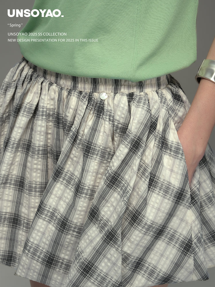 Plaid Seersucker Bubble Skirt With Elastic Waist