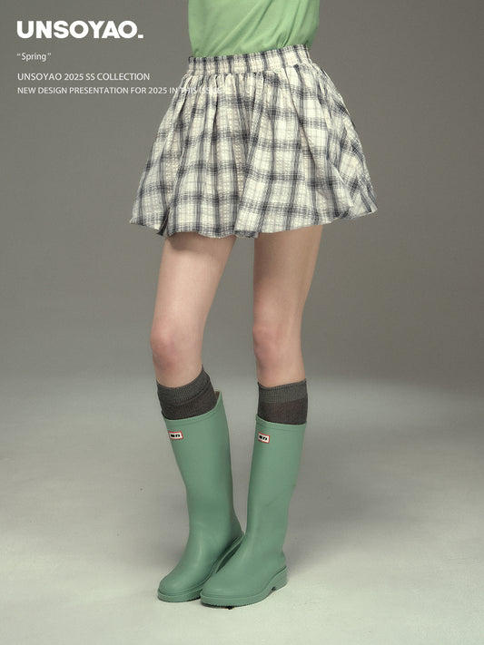Plaid Seersucker Bubble Skirt With Elastic Waist