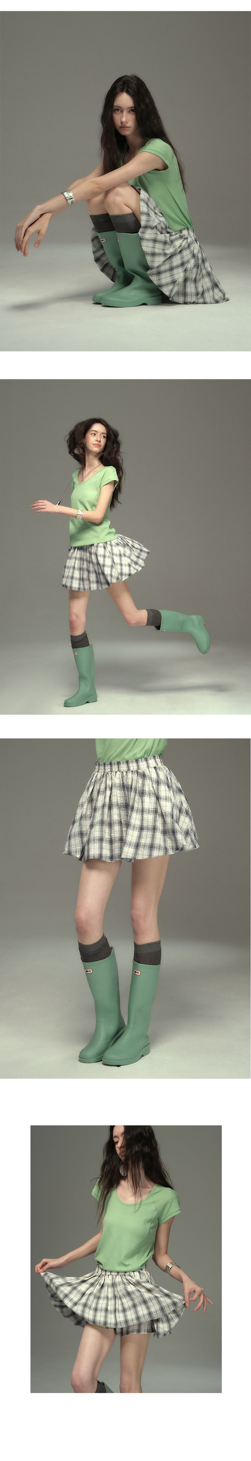 Plaid Seersucker Bubble Skirt With Elastic Waist