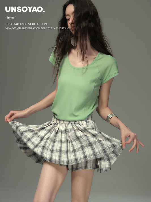 Plaid Seersucker Bubble Skirt With Elastic Waist