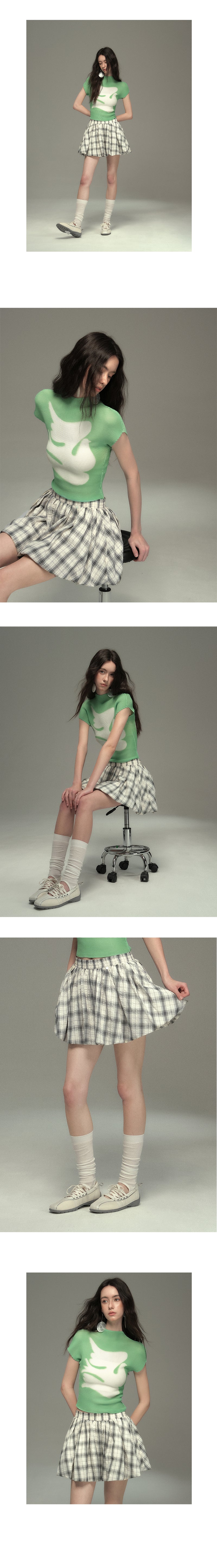 Plaid Seersucker Bubble Skirt With Elastic Waist