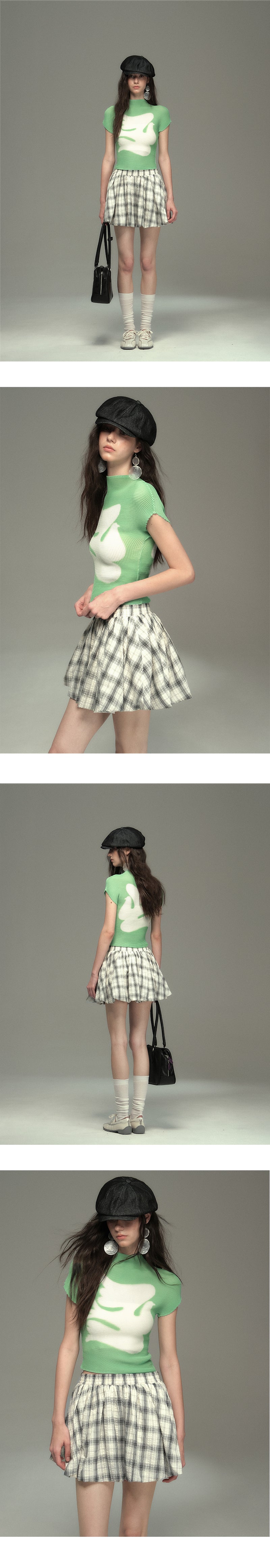 Plaid Seersucker Bubble Skirt With Elastic Waist