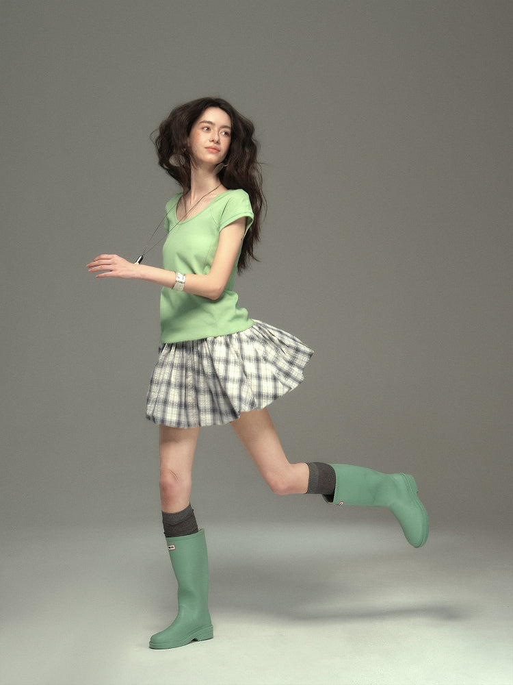 Plaid Seersucker Bubble Skirt With Elastic Waist