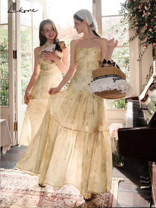 Floral Ruched Maxi Strap Dress With Back Tie