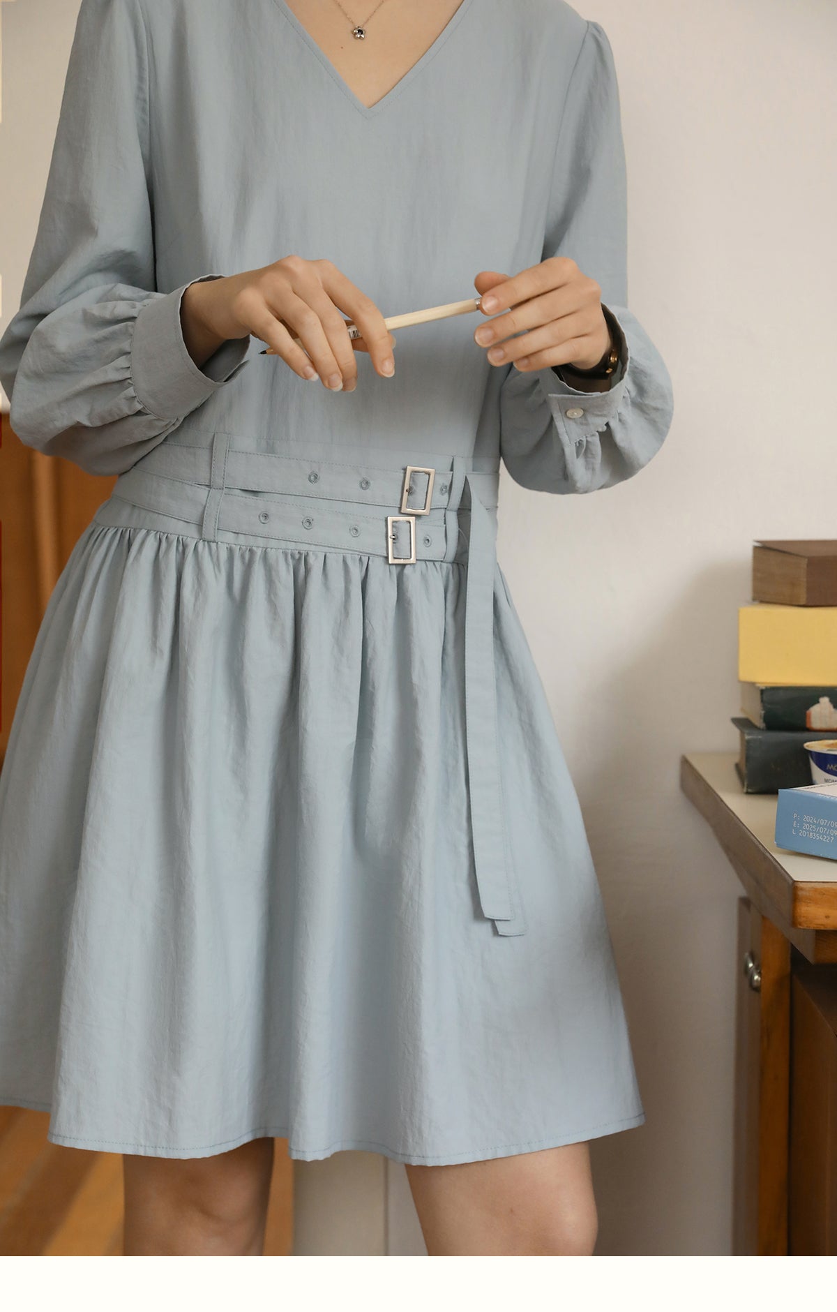 V-Neck Double-Belted Dress