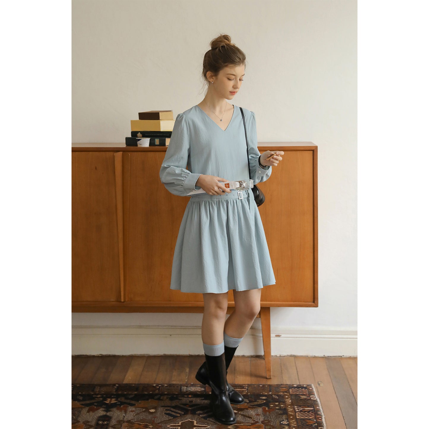 V-Neck Double-Belted Dress
