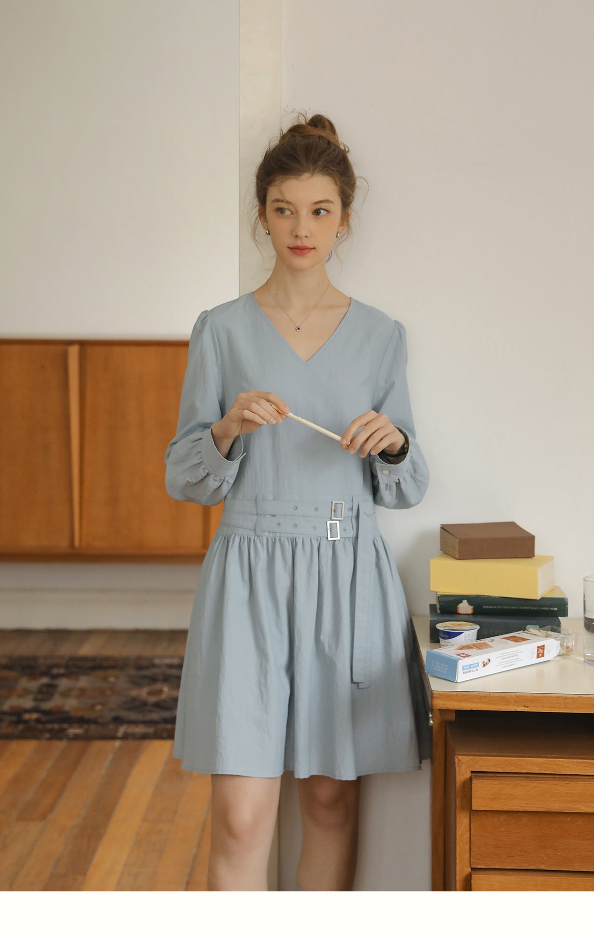 V-Neck Double-Belted Dress