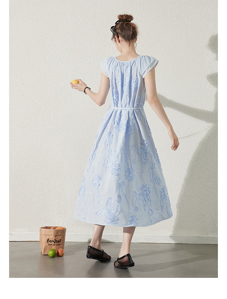 Floral Embellished Striped Dress With Butterfly Sleeves