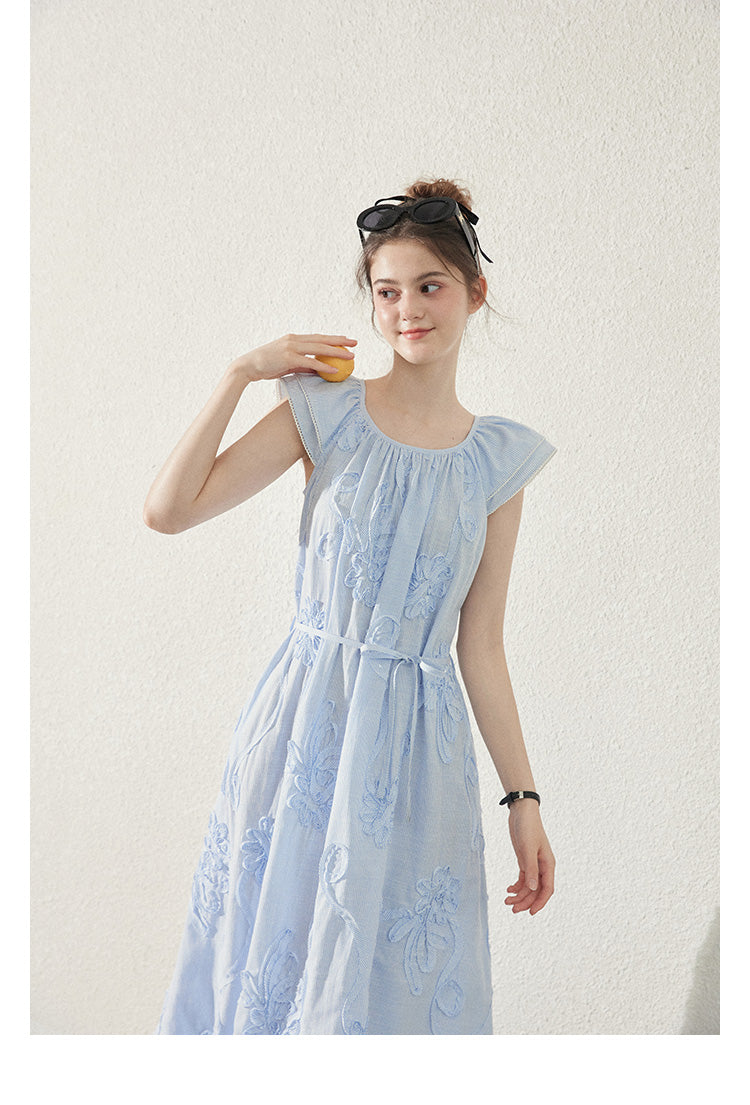 Floral Embellished Striped Dress With Butterfly Sleeves