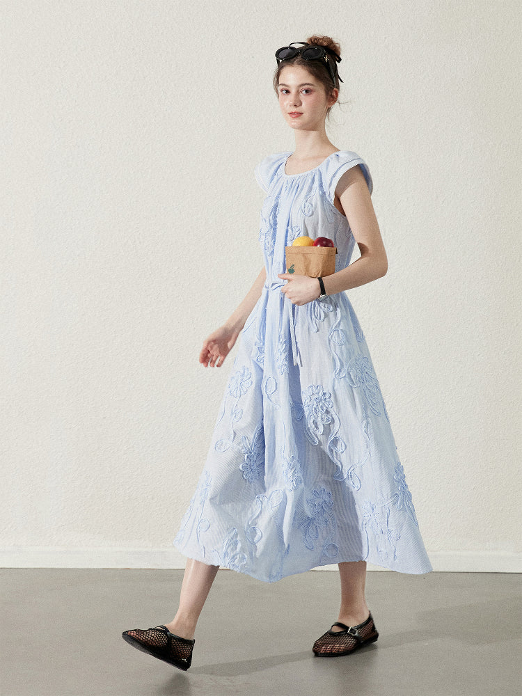 Floral Embellished Striped Dress With Butterfly Sleeves