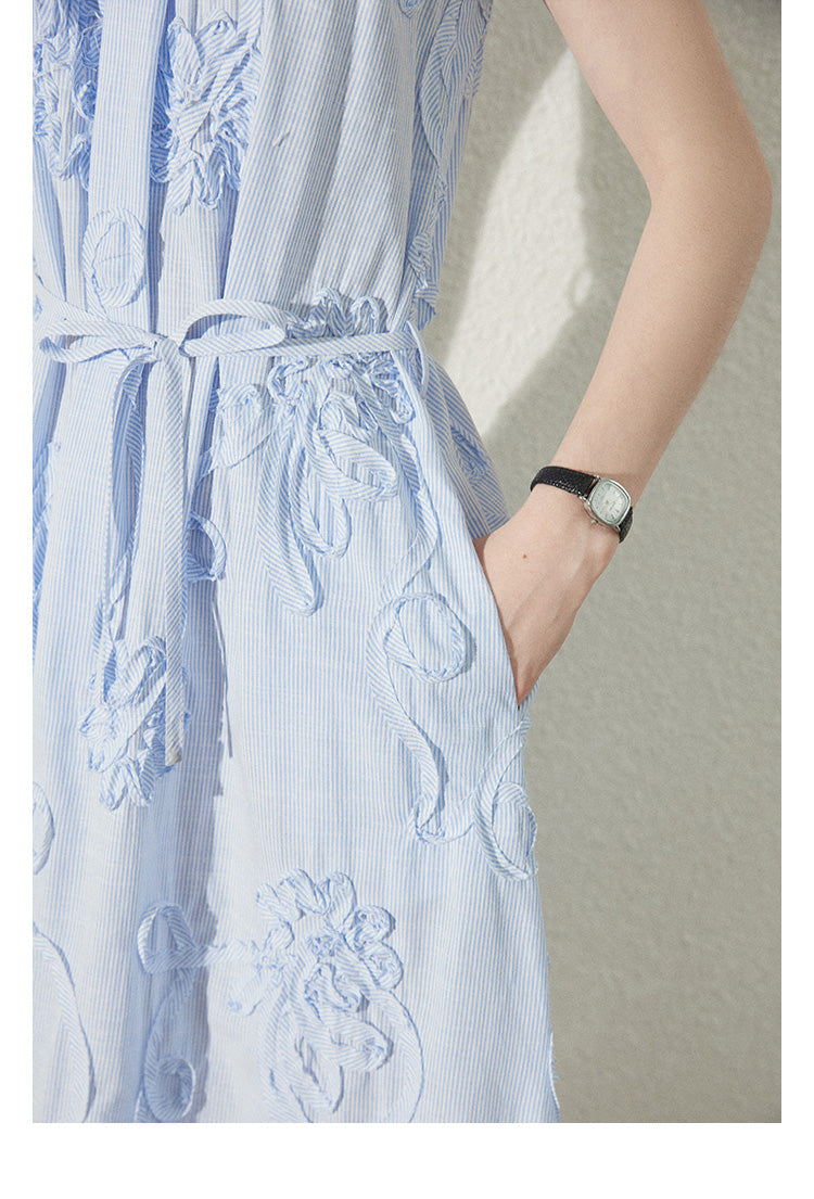 Floral Embellished Striped Dress With Butterfly Sleeves