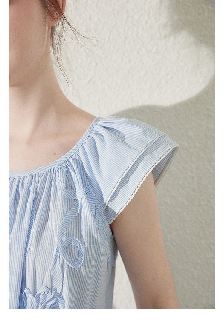 Floral Embellished Striped Dress With Butterfly Sleeves