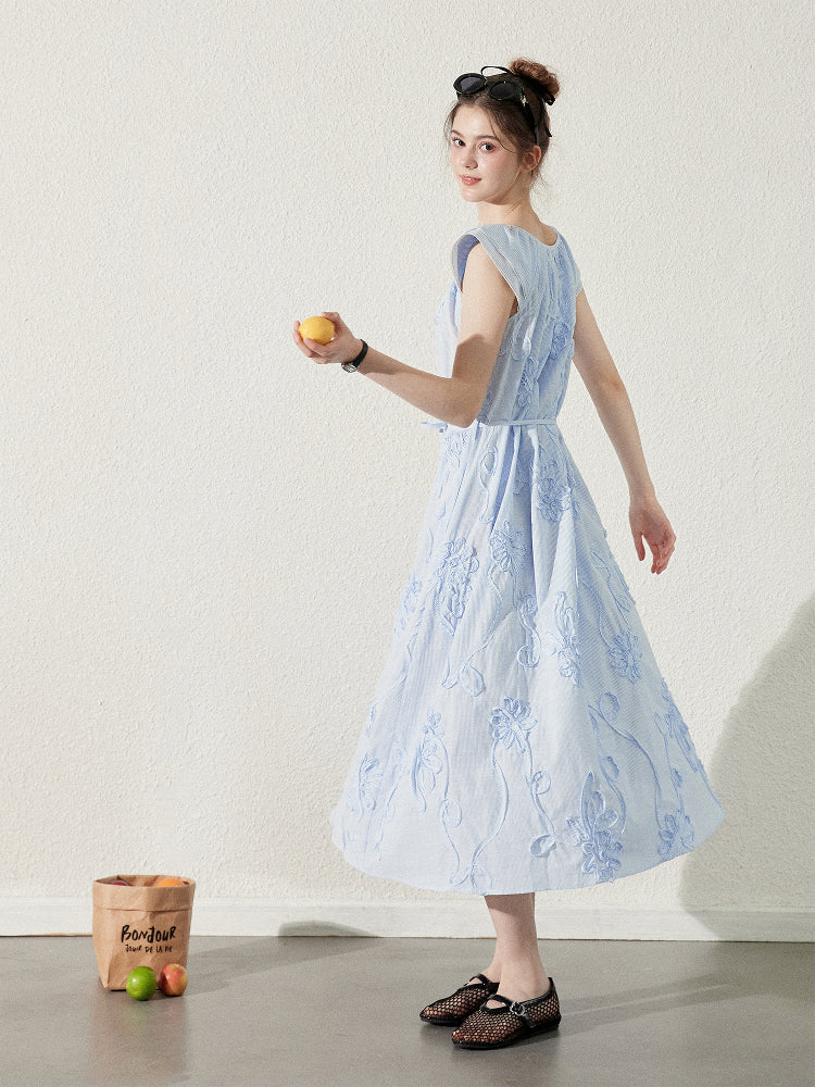 Floral Embellished Striped Dress With Butterfly Sleeves