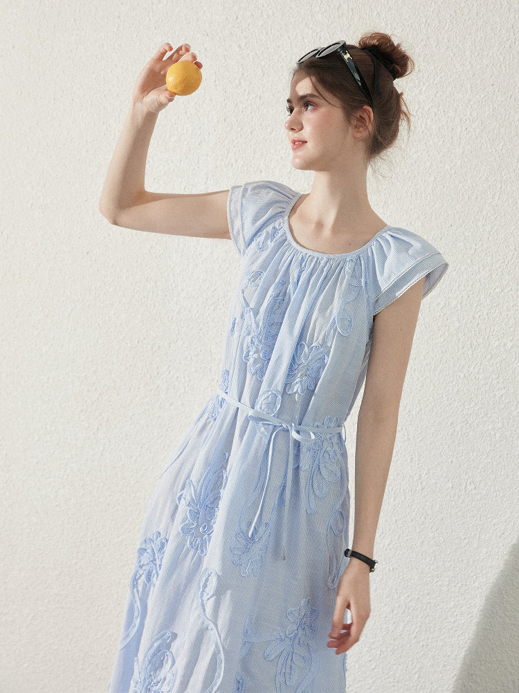 Floral Embellished Striped Dress With Butterfly Sleeves