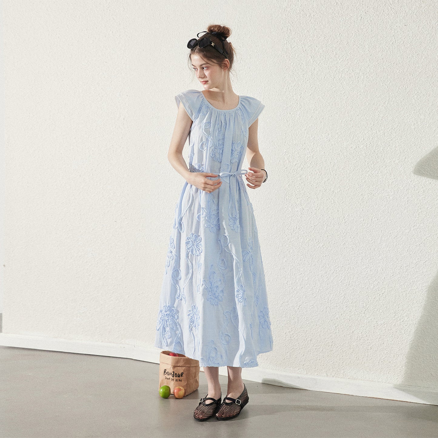 Floral Embellished Striped Dress With Butterfly Sleeves