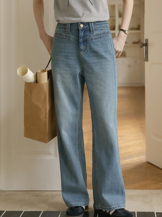 Washed Straight-Leg Jeans With V-Seam Waist
