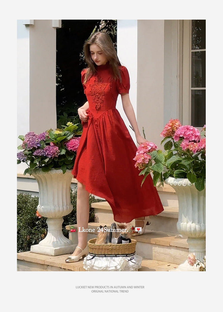 Embroidered Puff-Sleeve Dress
