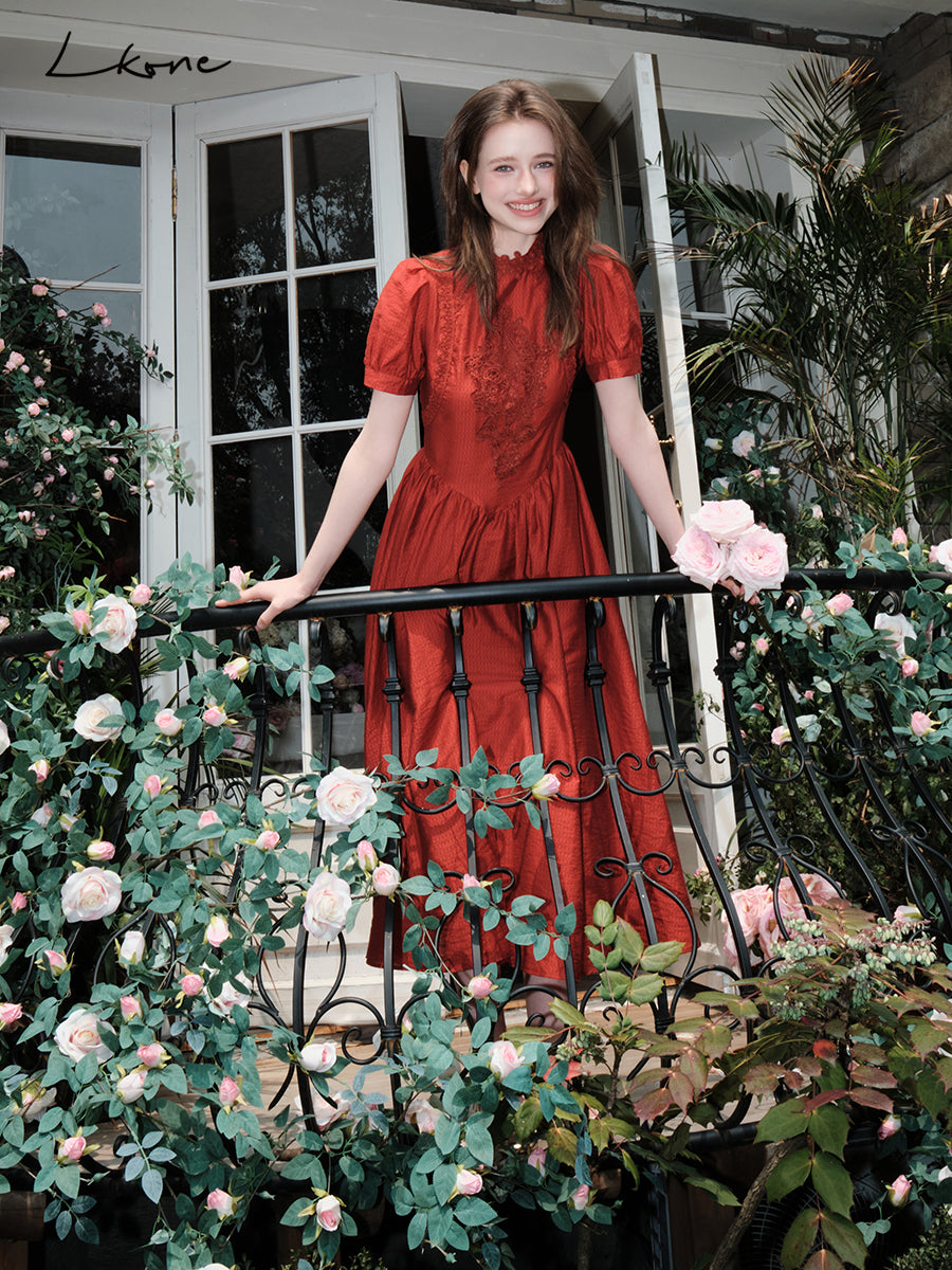 Embroidered Puff-Sleeve Dress