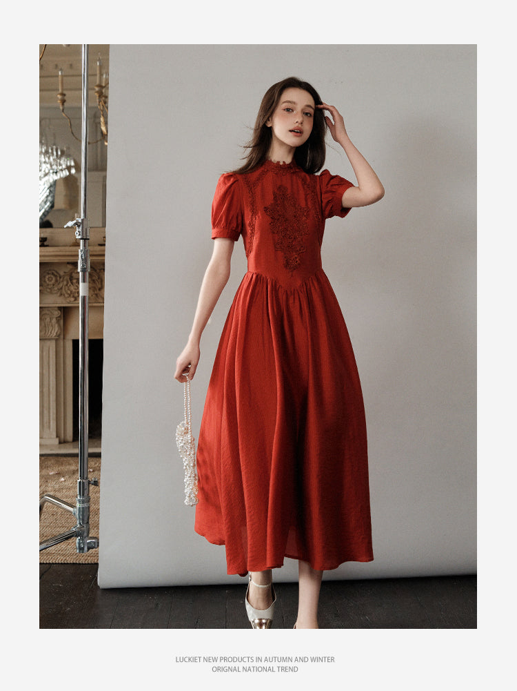 Embroidered Puff-Sleeve Dress