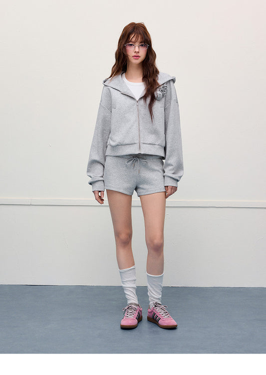 Floral Accent Zip-Up Hoodie & Matching Shorts