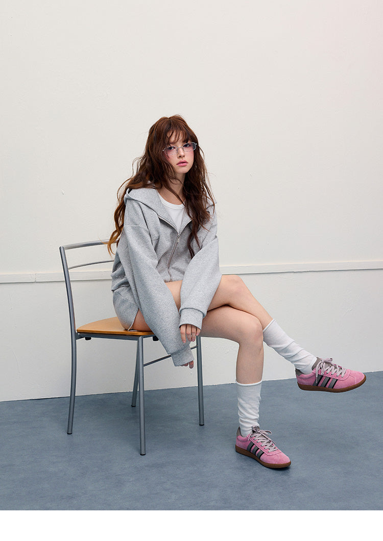 Floral Accent Zip-Up Hoodie & Matching Shorts