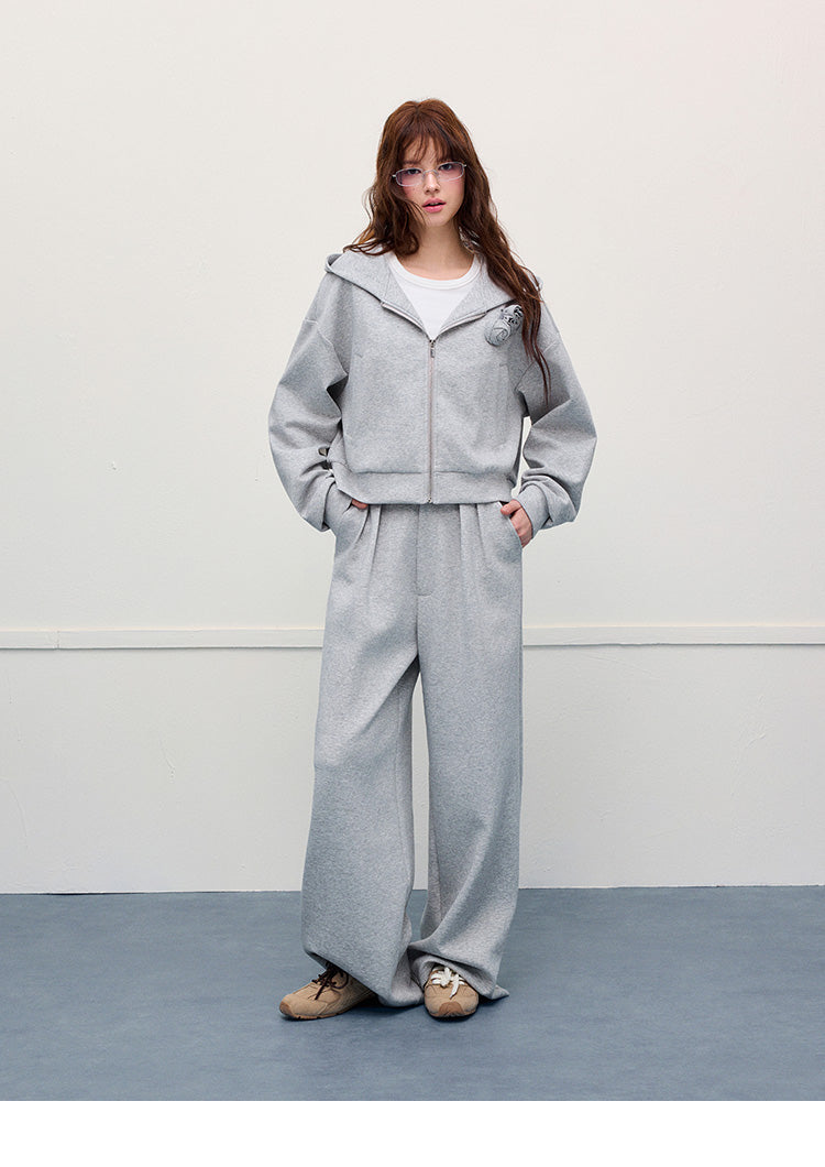 Floral Accent Zip-Up Hoodie & Matching Shorts