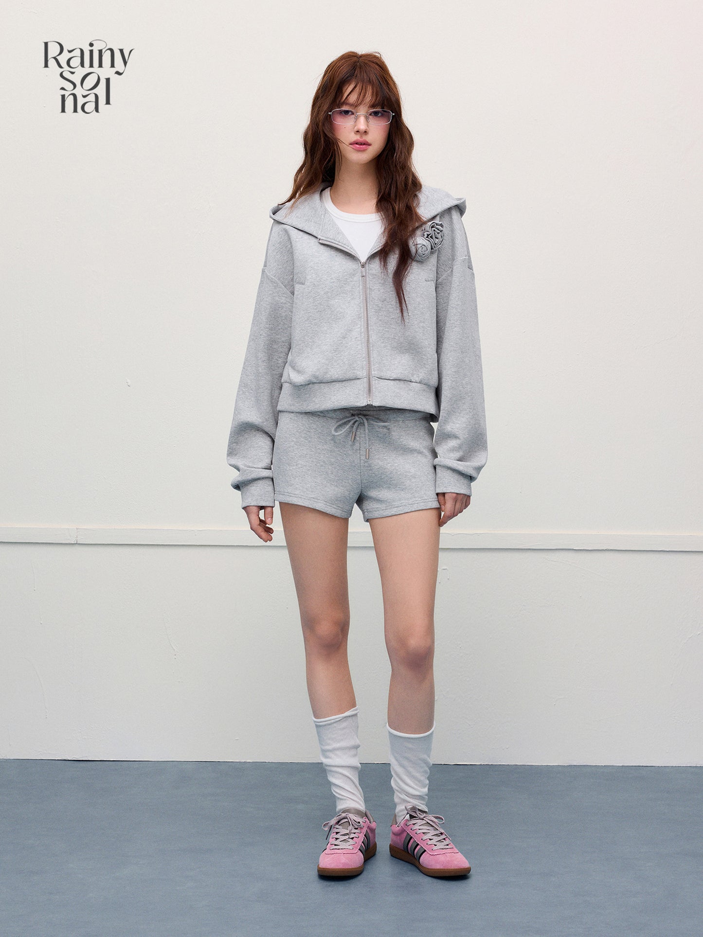 Floral Accent Zip-Up Hoodie & Matching Shorts