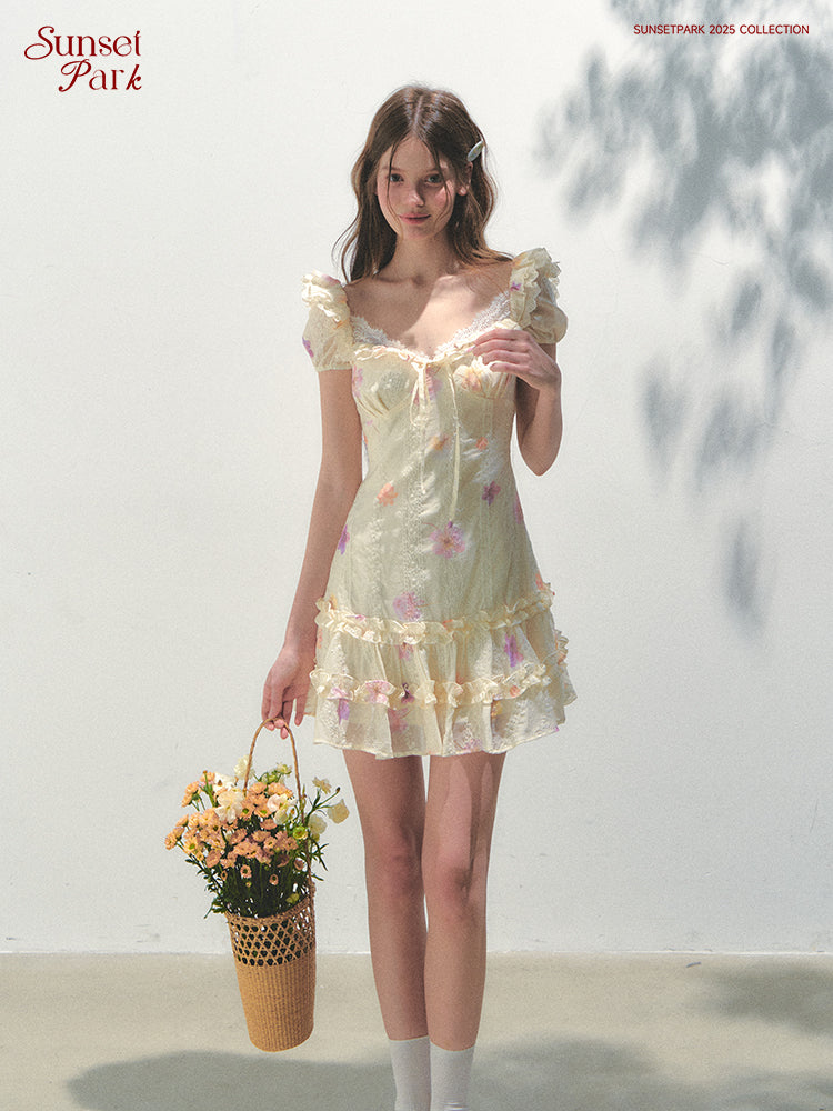 Flutter Sleeve Embroidered Floral Mini Dress