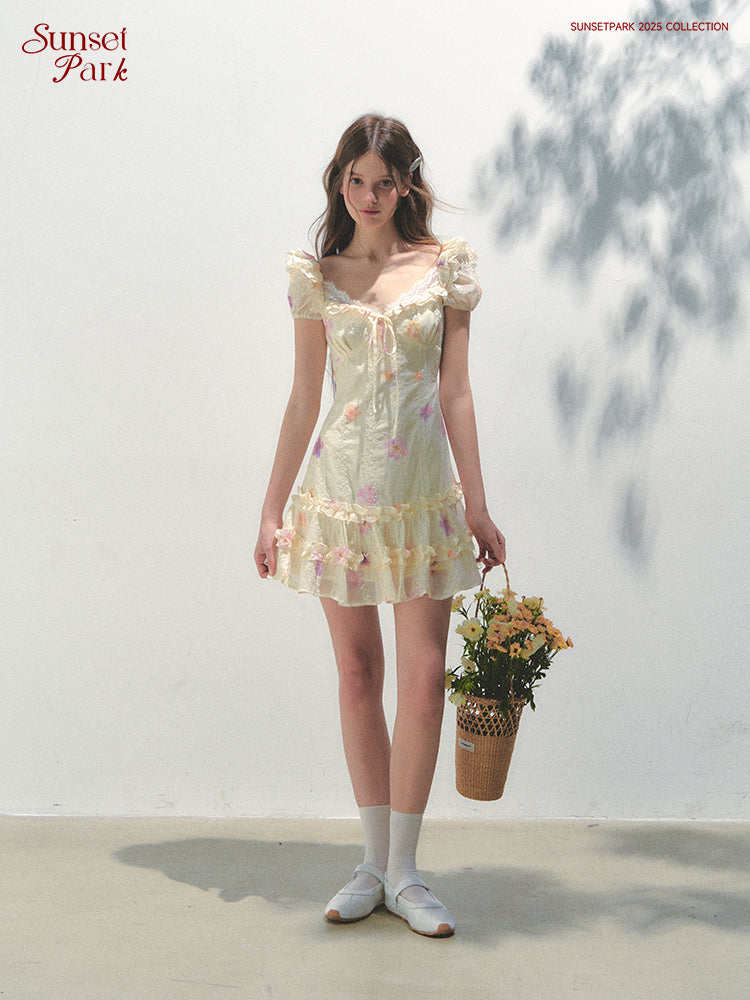 Flutter Sleeve Embroidered Floral Mini Dress