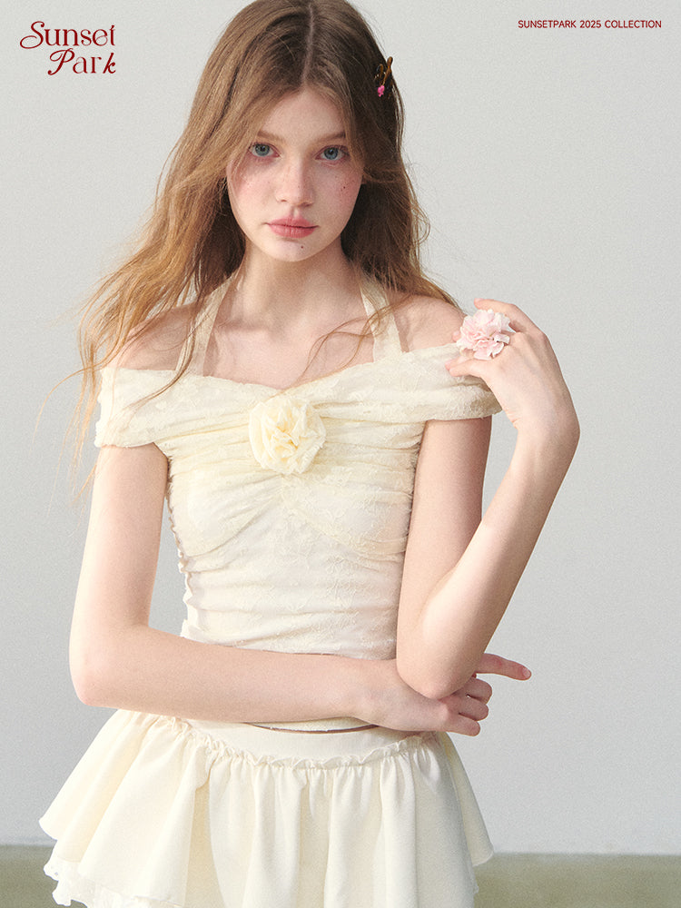 Off-Shoulder Fitted Top With Flower Accent