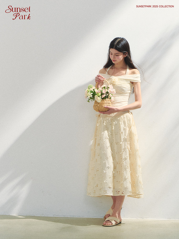 Off-Shoulder Fitted Top With Flower Accent