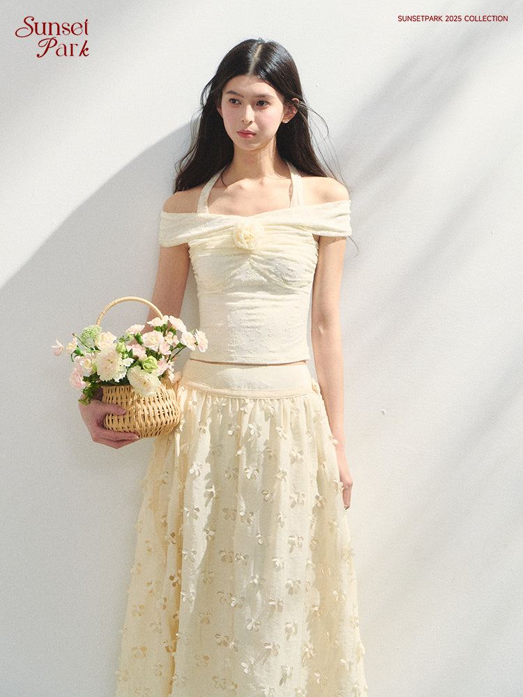 Off-Shoulder Fitted Top With Flower Accent