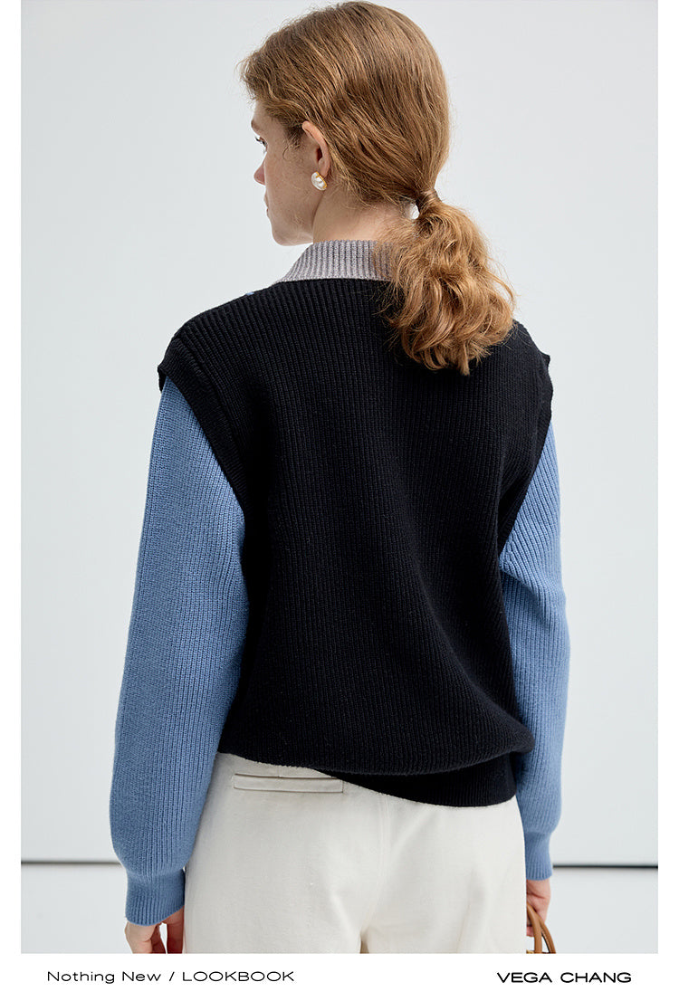 Color Block Layered Design Half Zip Knit Sweater