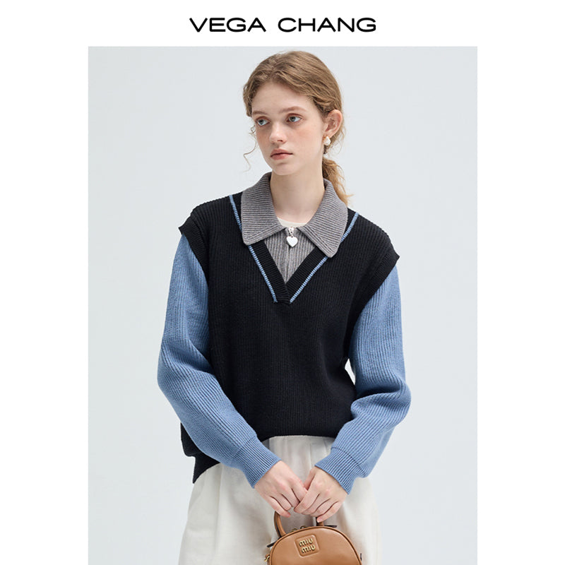 Color Block Layered Design Half Zip Knit Sweater