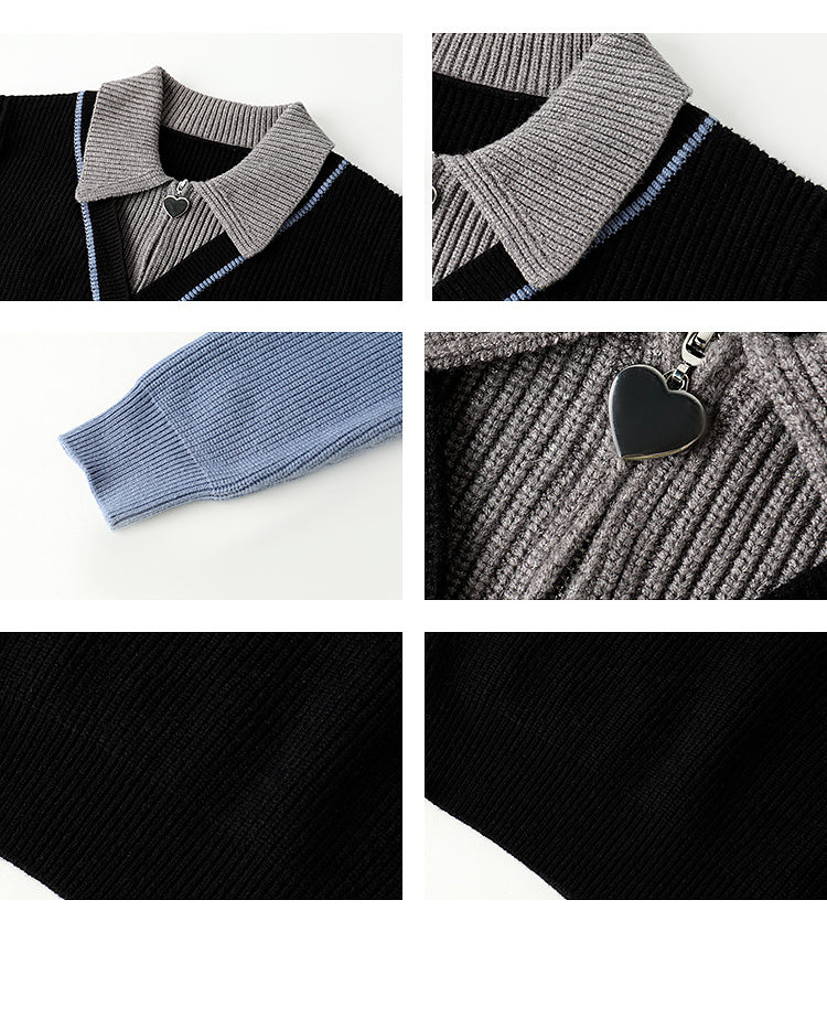 Color Block Layered Design Half Zip Knit Sweater
