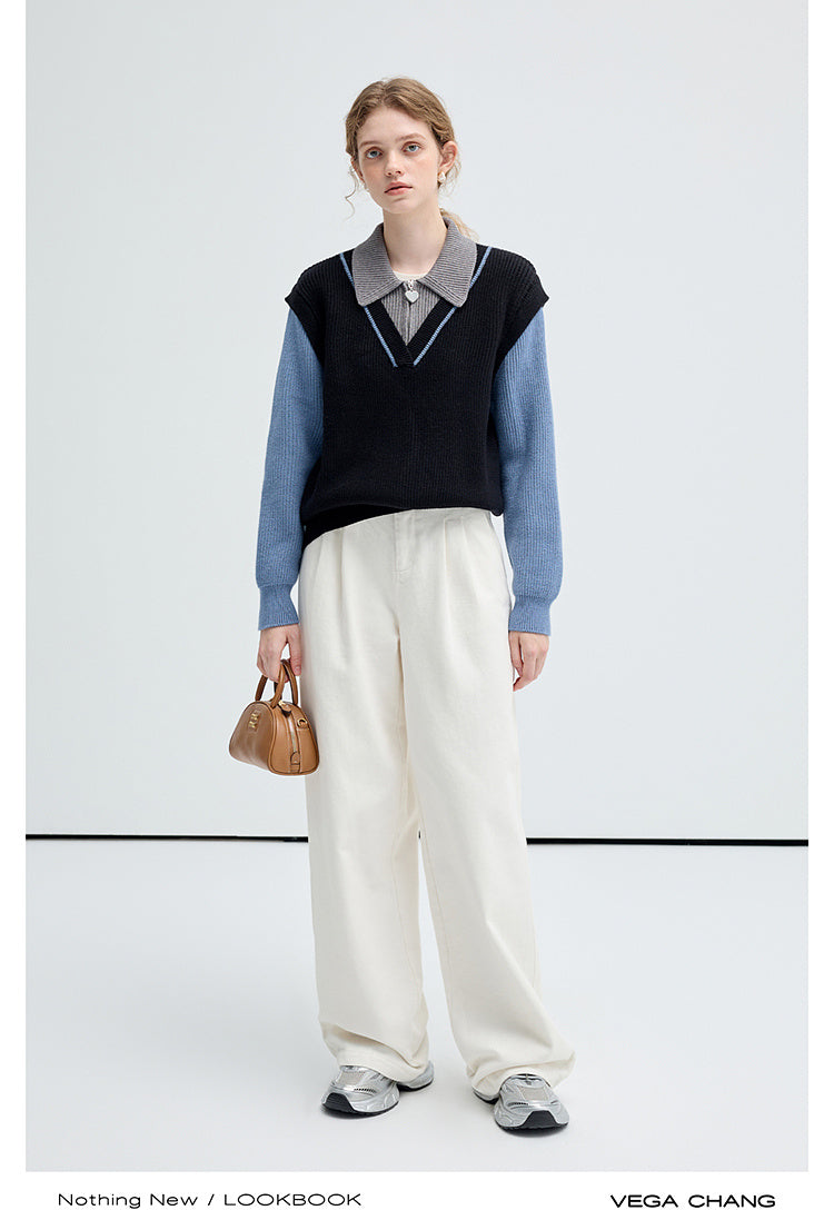 Color Block Layered Design Half Zip Knit Sweater
