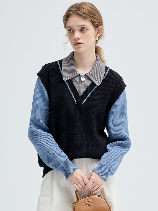 Color Block Layered Design Half Zip Knit Sweater