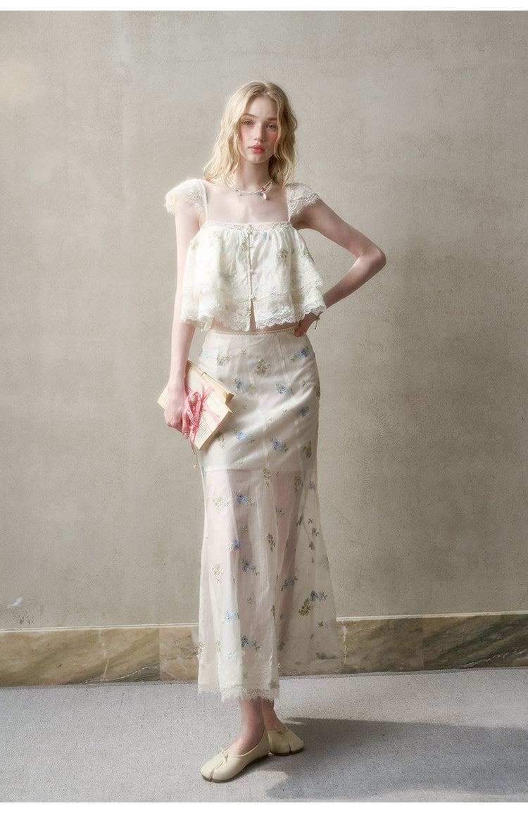 Floral Embroidered Top & Sheer Skirt With Lace Details