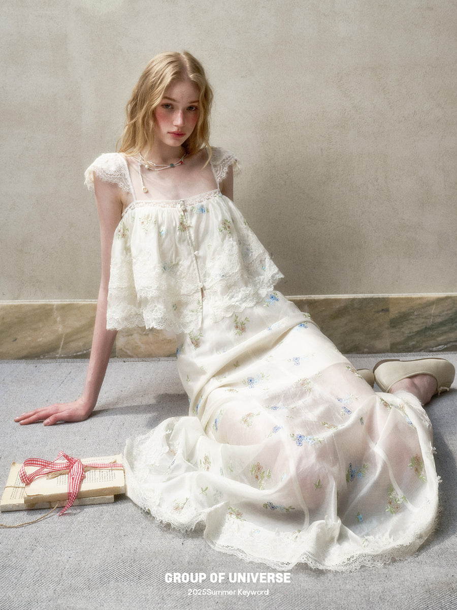 Floral Embroidered Top & Sheer Skirt With Lace Details