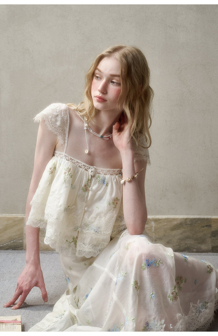 Floral Embroidered Top & Sheer Skirt With Lace Details