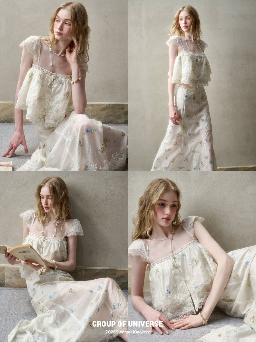 Floral Embroidered Top & Sheer Skirt With Lace Details