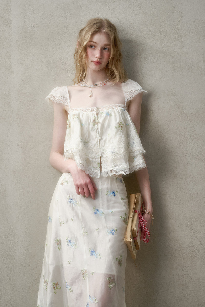 Floral Embroidered Top & Sheer Skirt With Lace Details