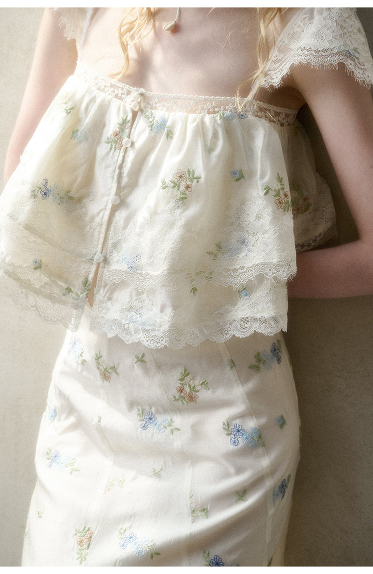 Floral Embroidered Top & Sheer Skirt With Lace Details