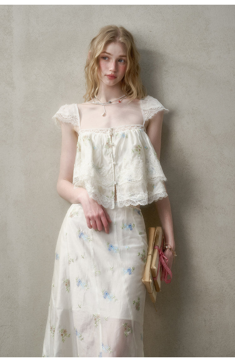 Floral Embroidered Top & Sheer Skirt With Lace Details