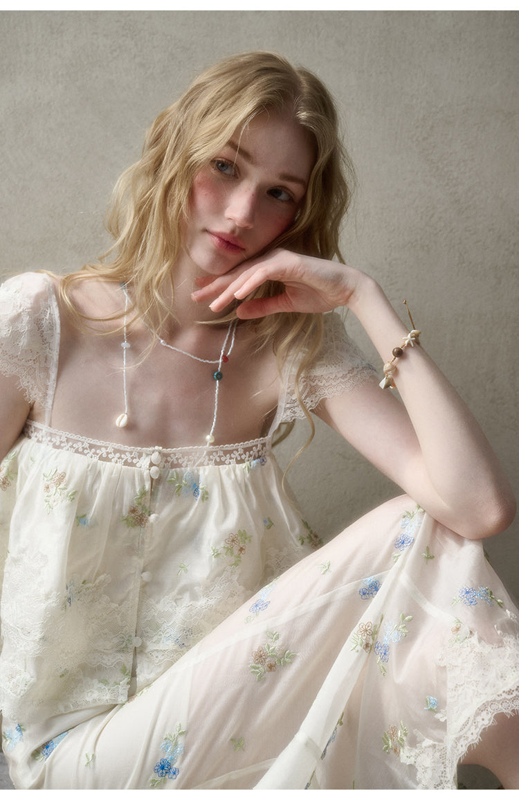 Floral Embroidered Top & Sheer Skirt With Lace Details