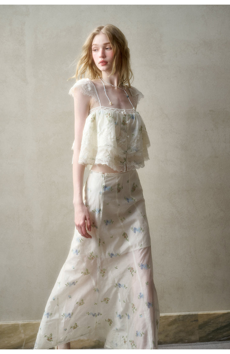 Floral Embroidered Top & Sheer Skirt With Lace Details