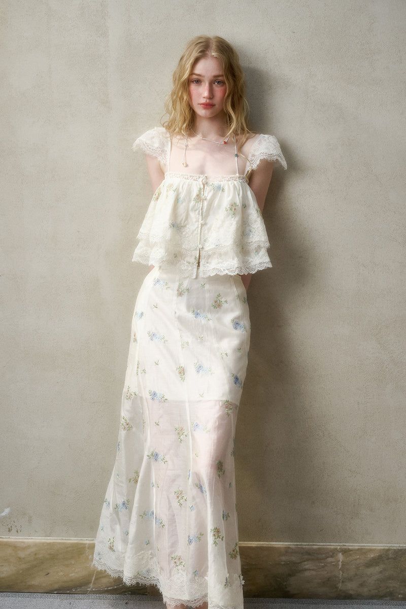 Floral Embroidered Top & Sheer Skirt With Lace Details